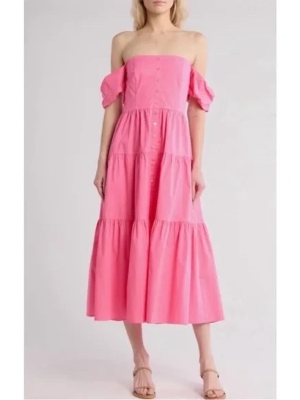 Staud Elio Cotton Off Shoulder Midi Dress in Pink